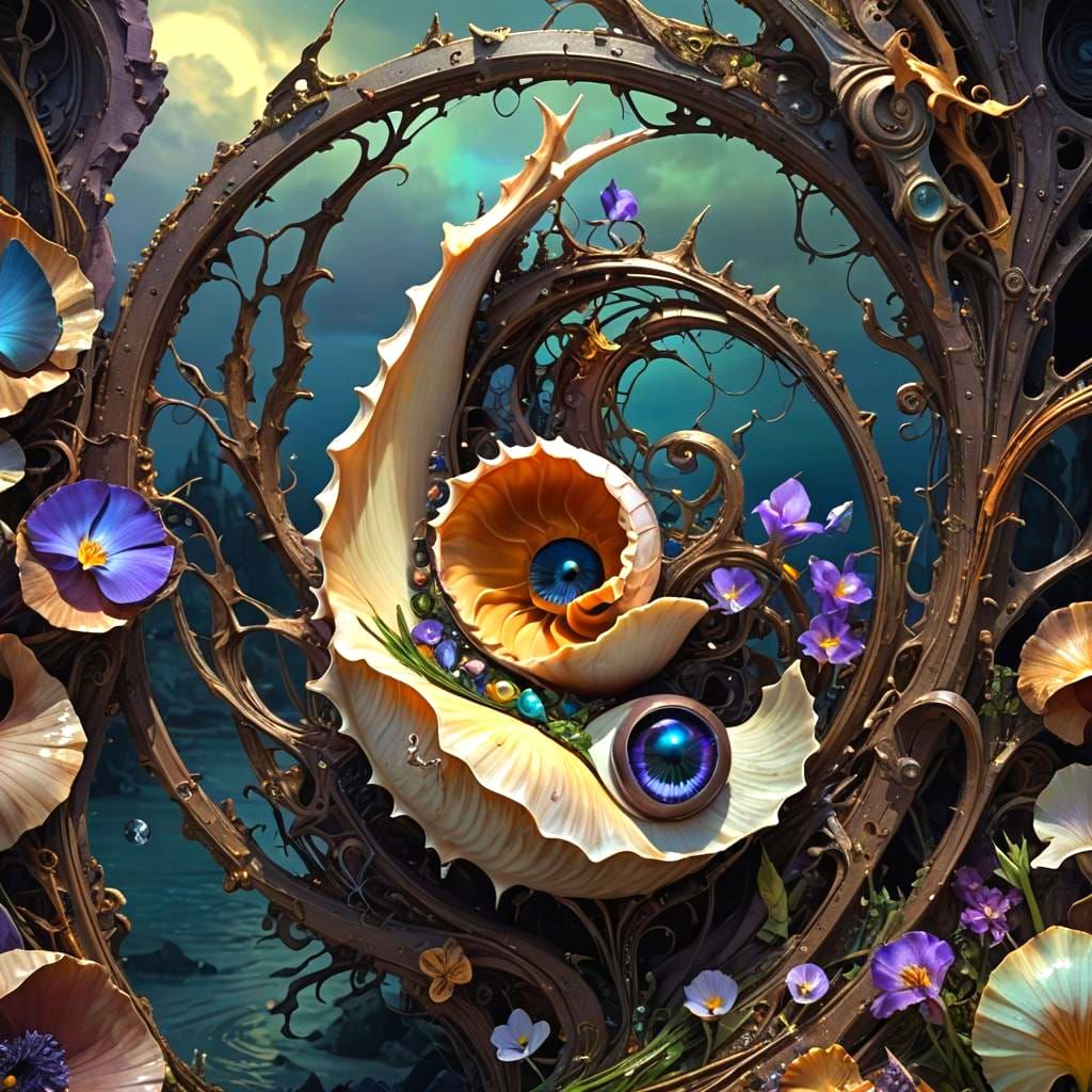 Surreal Nautilus Shell, Iris Flower, and Lapwing Bird
