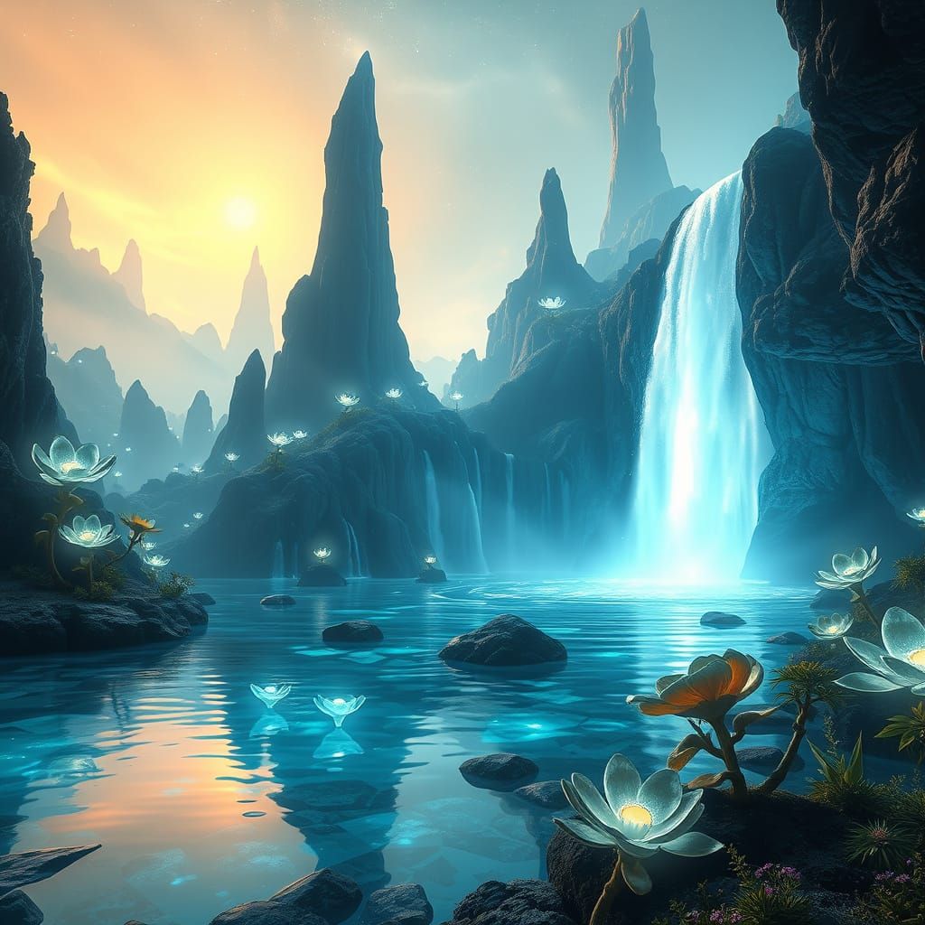 Bioluminescent Waterfall Oasis on Alien Planet