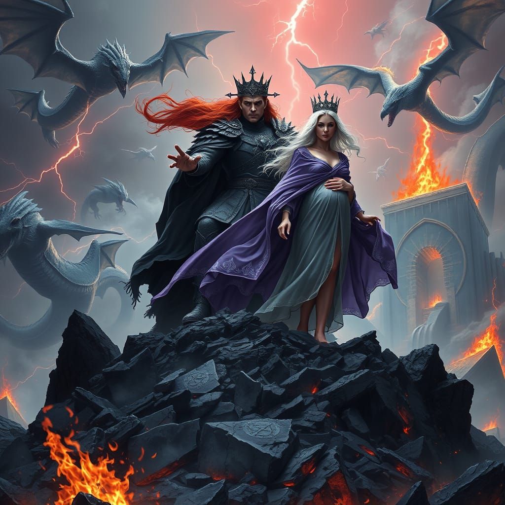 Sorcerer-King on Ash Throne in Apocalyptic Landscape