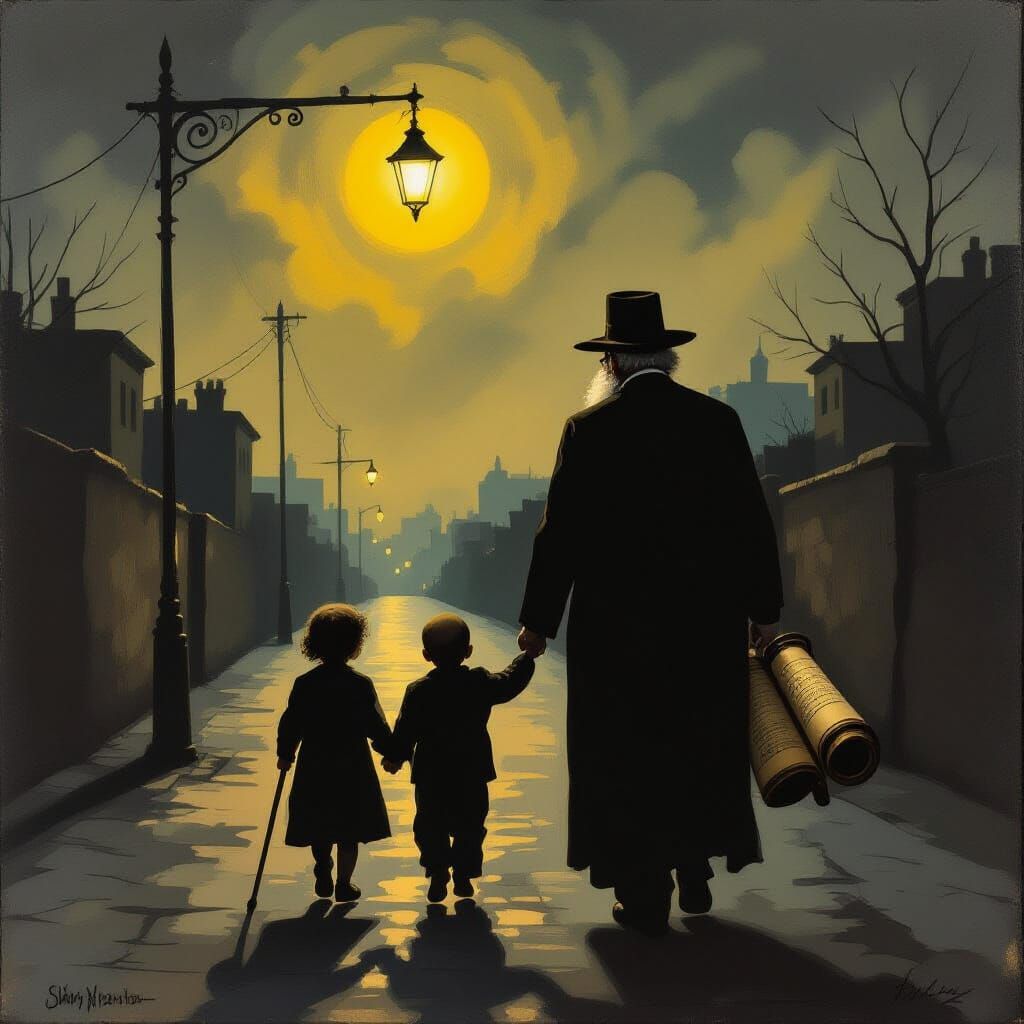Ultra-Orthodox Man and Child in Moonlit Street