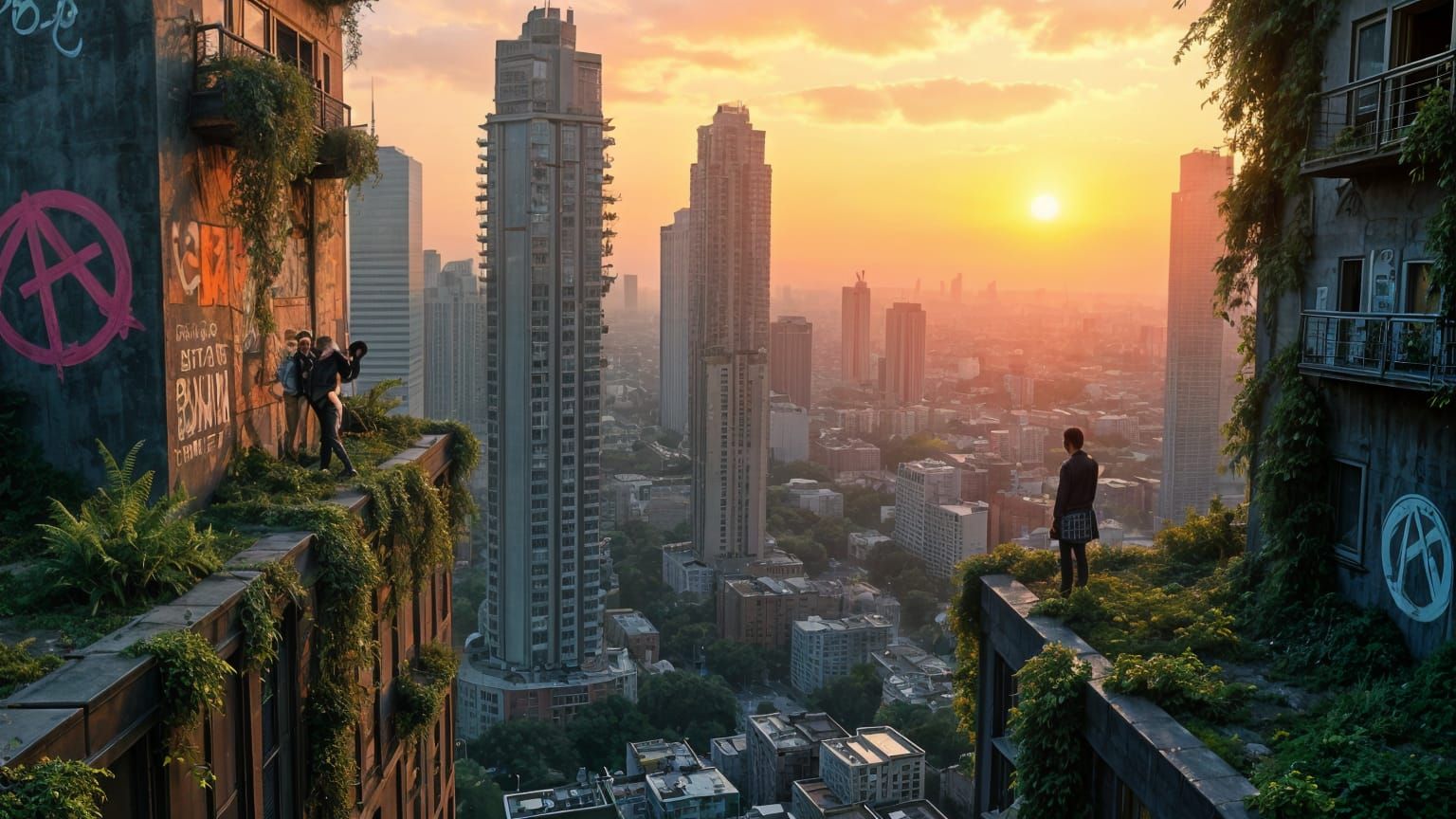 Urban Landscape Reclaimed by Nature at Sunset