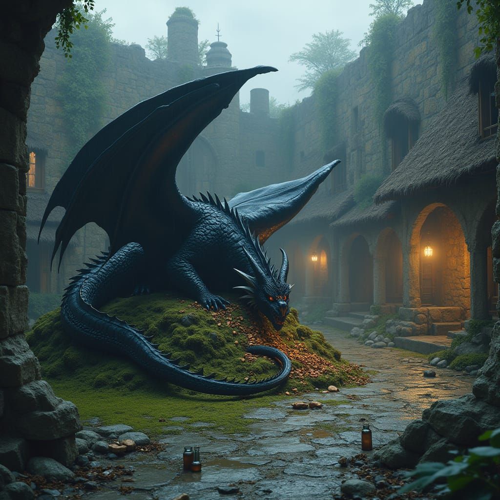 Massive Black Dragon Rests on Treasure in Swampy Ruins