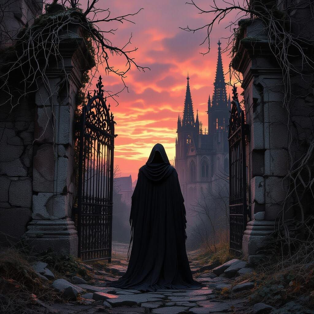 A lone spectral figure stands at the crumbling gates of a fo...