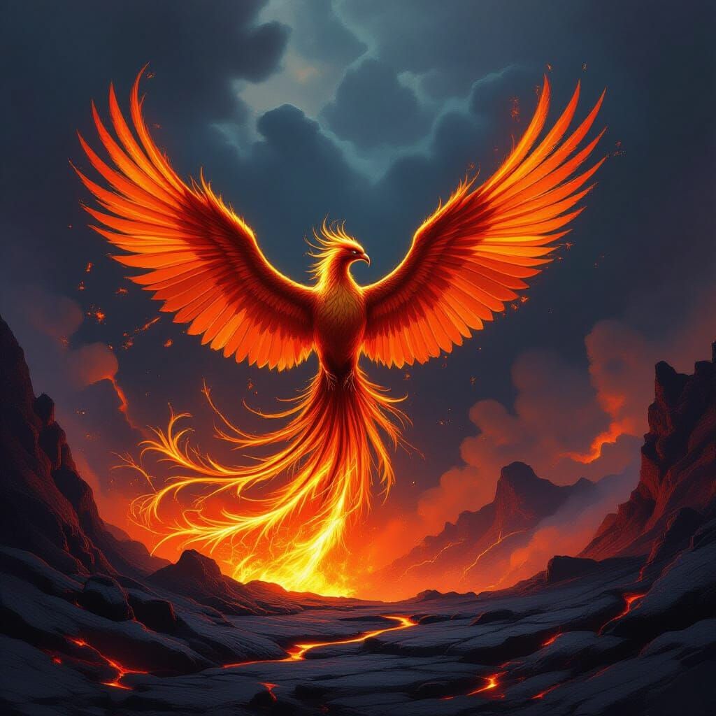 Majestic Phoenix Rises From Fiery Volcanic Crater
