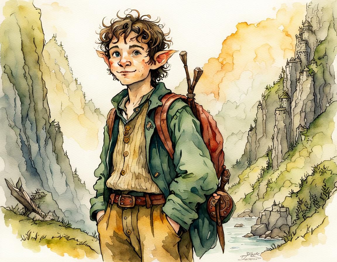 Hobbit Traveler in Illustrative Watercolor Style