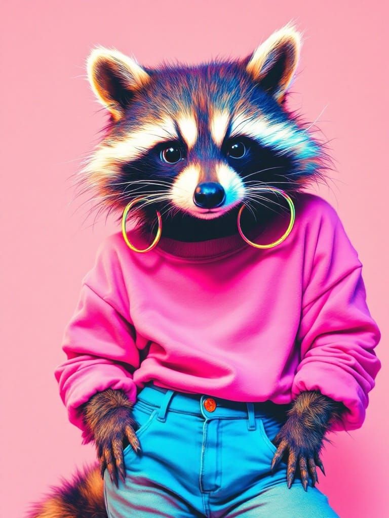 Retro Chic Raccoon Girl in Day-Glo Style