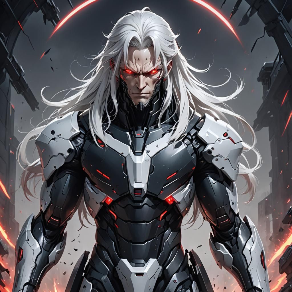 Evil Android with White Hair in Anime Style