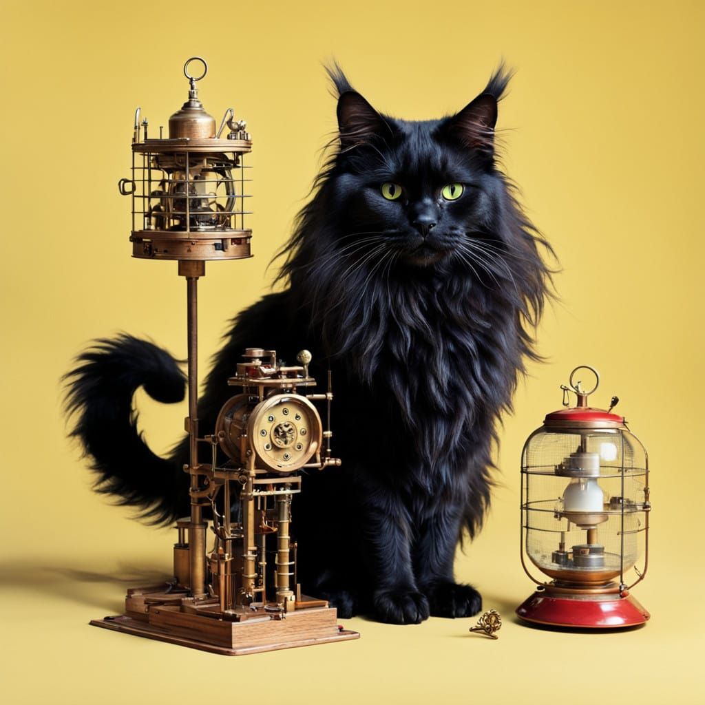 Rough-Hewn Maine Coon Cat Studies Whimsical Mousetrap