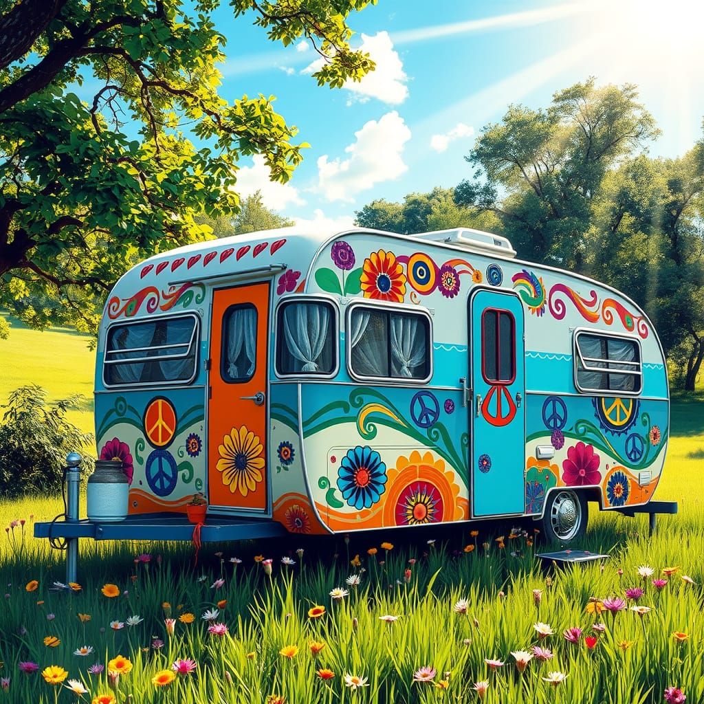 Vibrant Hippie Caravan in Psychedelic Art Style