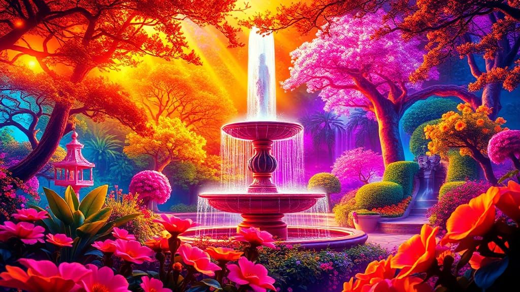 Neon Garden with Water Fountain in Hyperrealistic Style