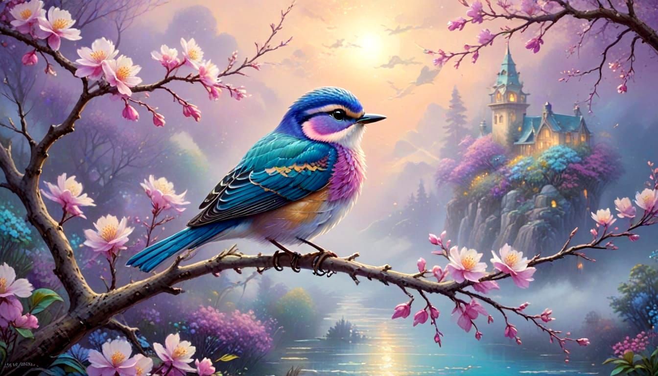 Cute Colorful Bird on Branch with Blossoms, Ethereal Fantasy...