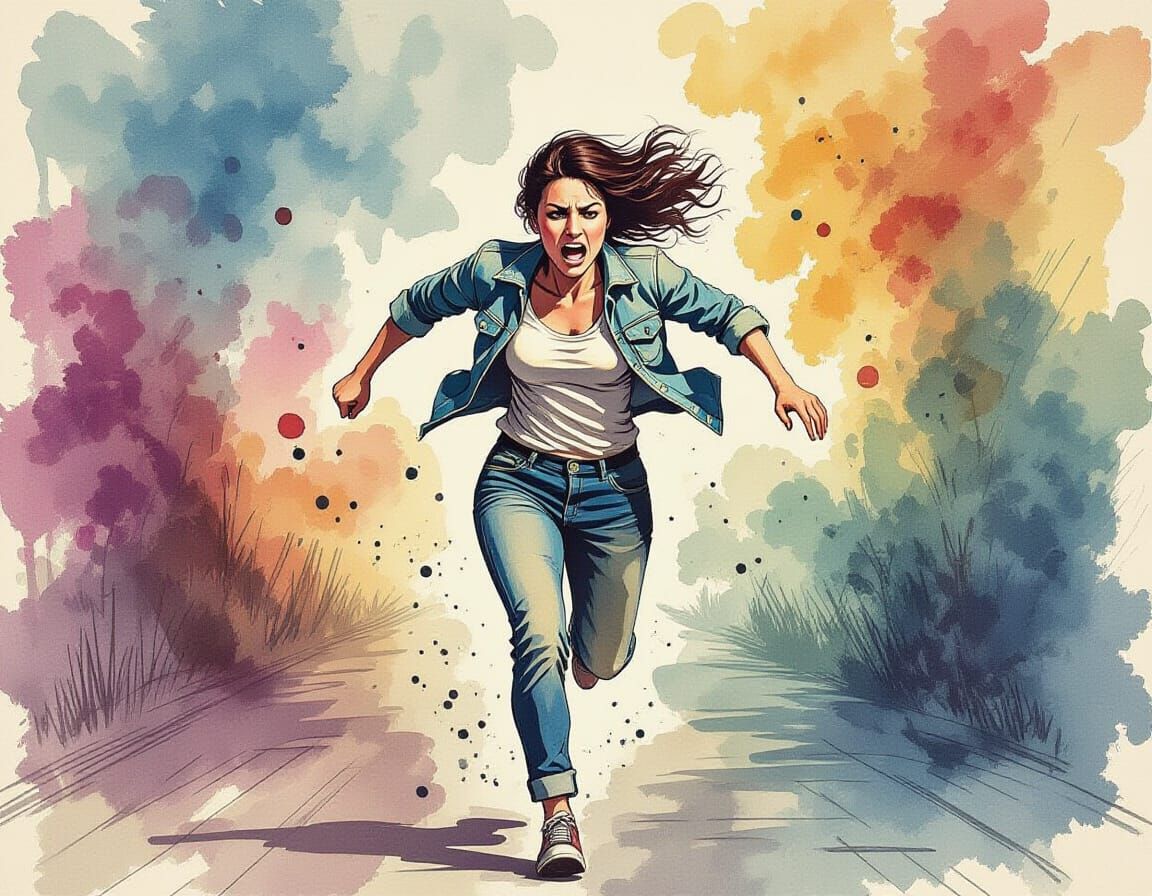 Frantic Woman Running, Watercolor Painting in Expressive Sty...