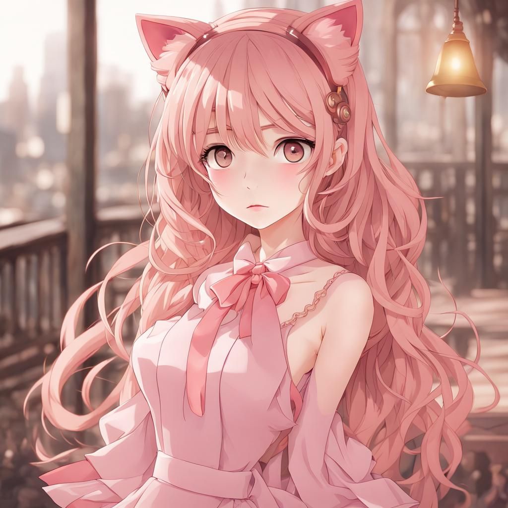 Girl with Pink Cat Ears and Tail