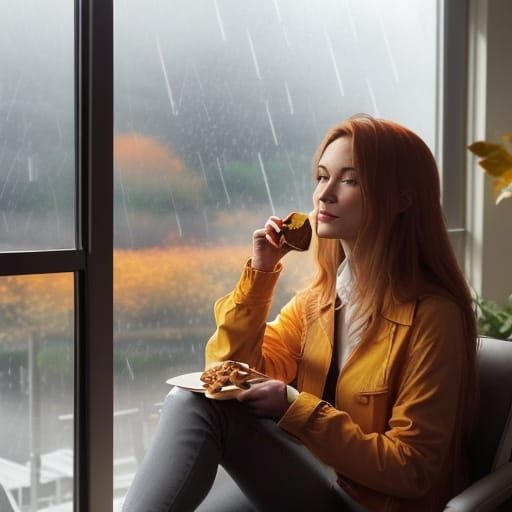 A woman sitting by a window eating peanut butter cookies whi...