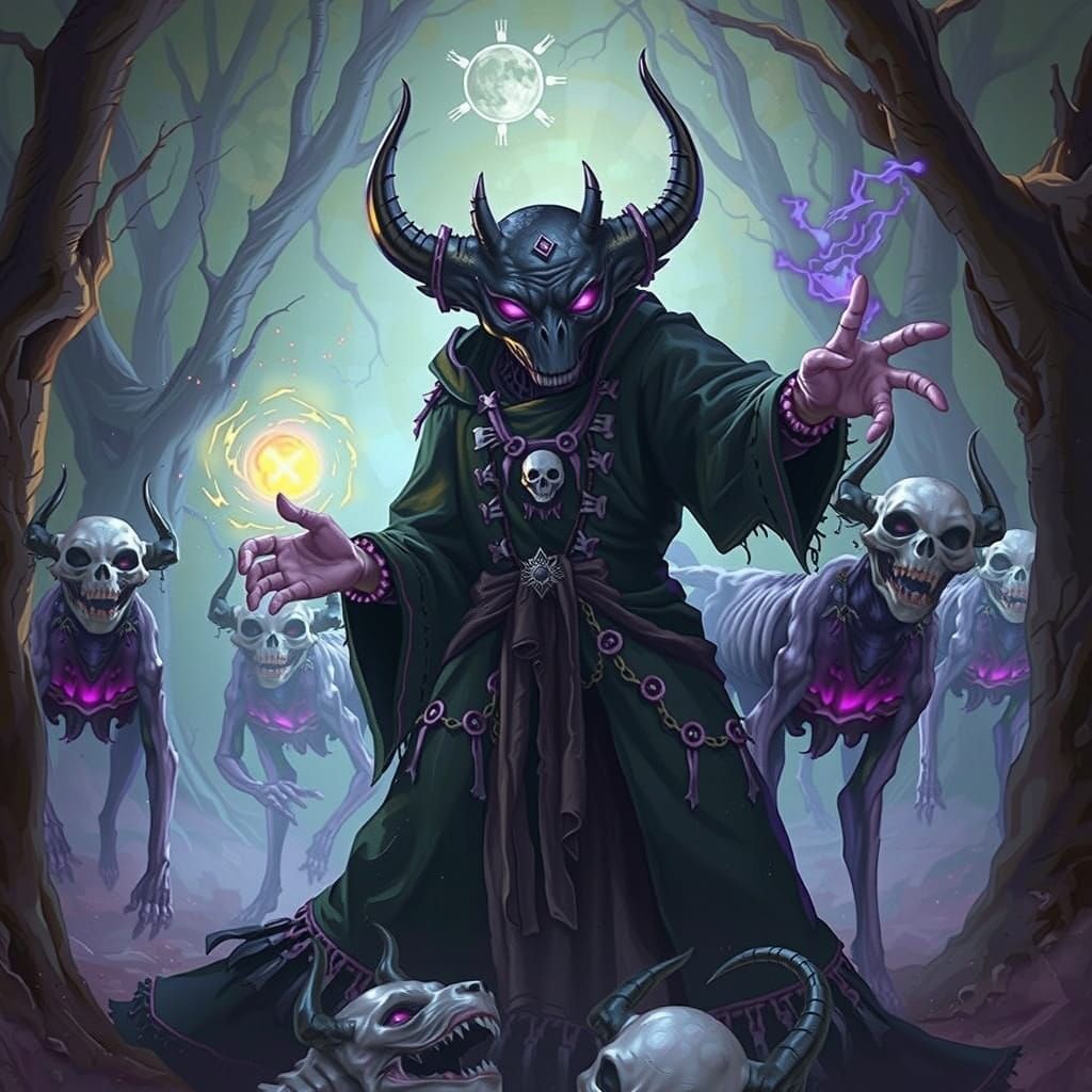 Eldritch Necromancer Conjures Skeletal Hounds in a Dreamlike...
