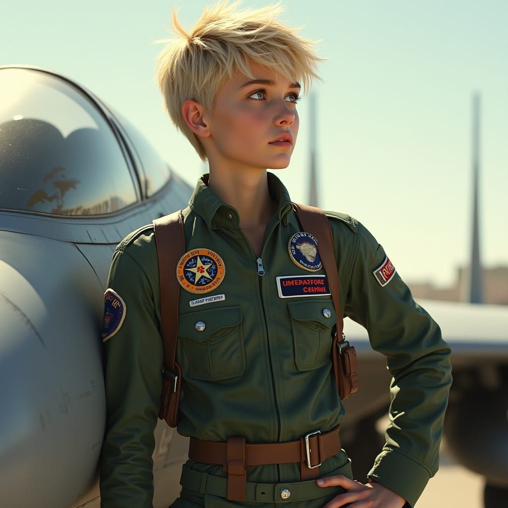 Air Force Pilot Leaning on Jet, Futuristic Style