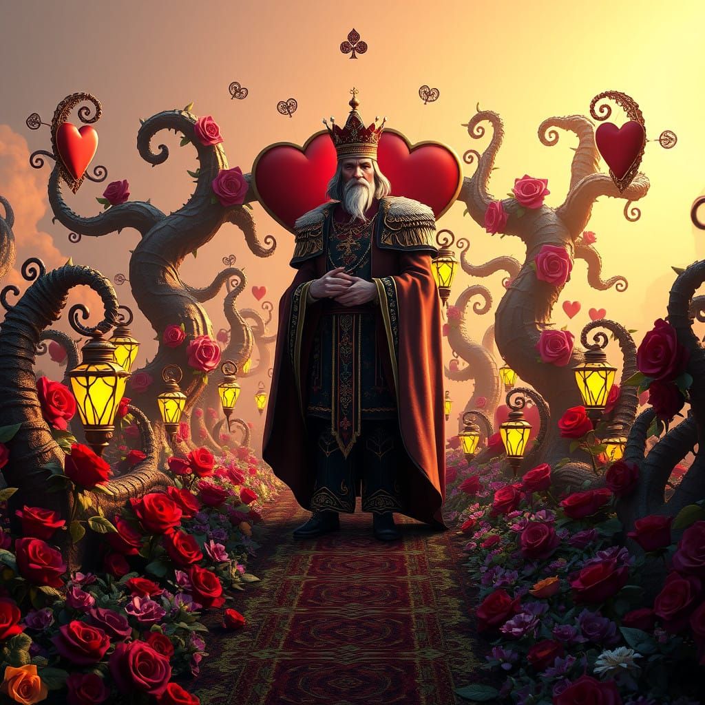 Regal King of Hearts in Whimsical Fantasy Landscape