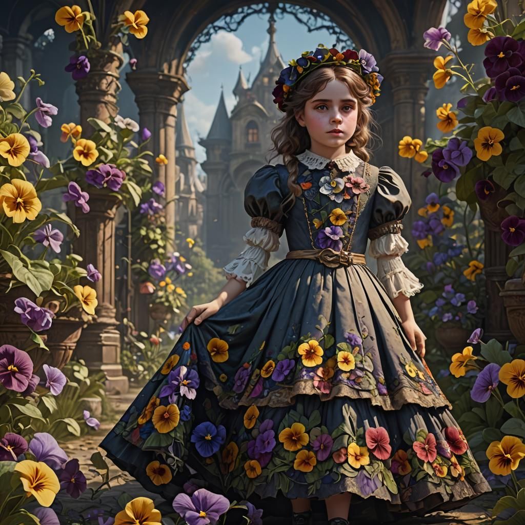 Victorian Girl in Pansy Dress: Detailed Fantasy Art
