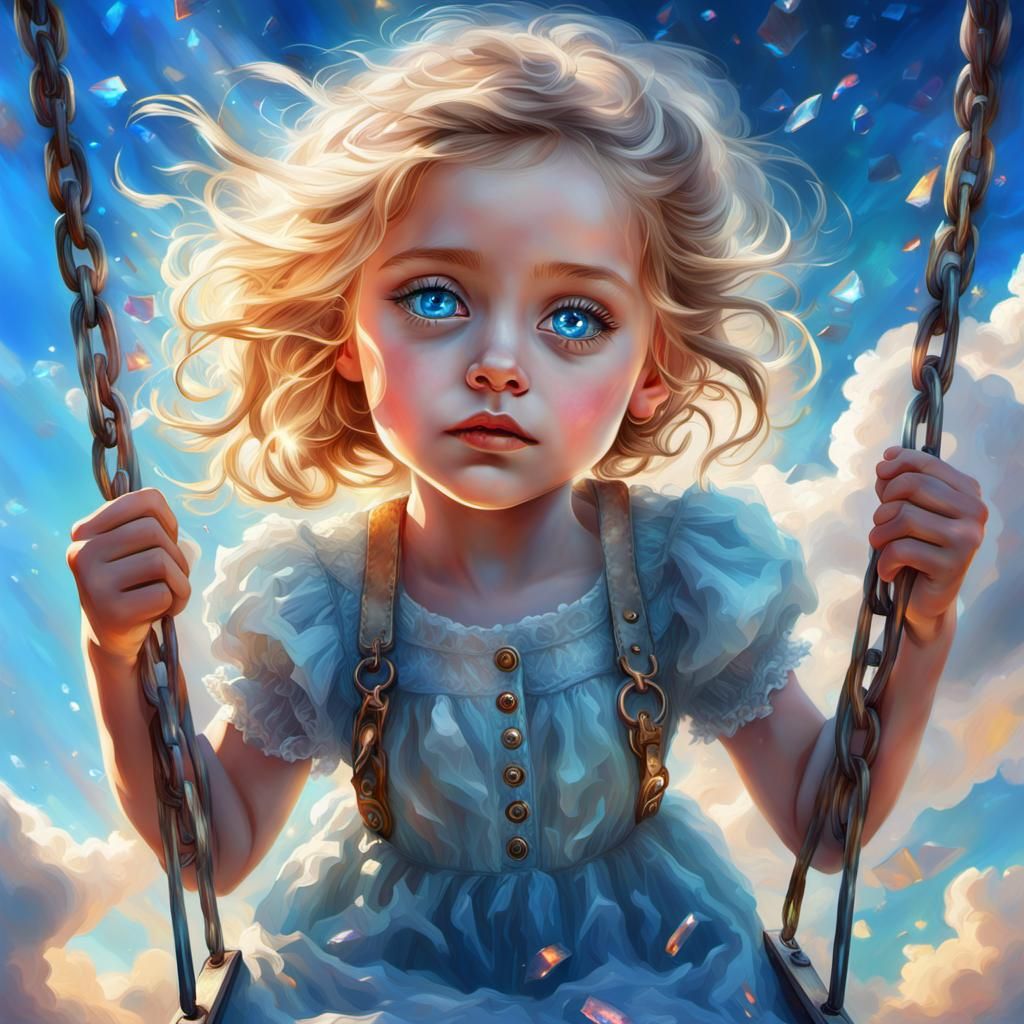 Girl on Cloud Swing with Broken Glass Effect