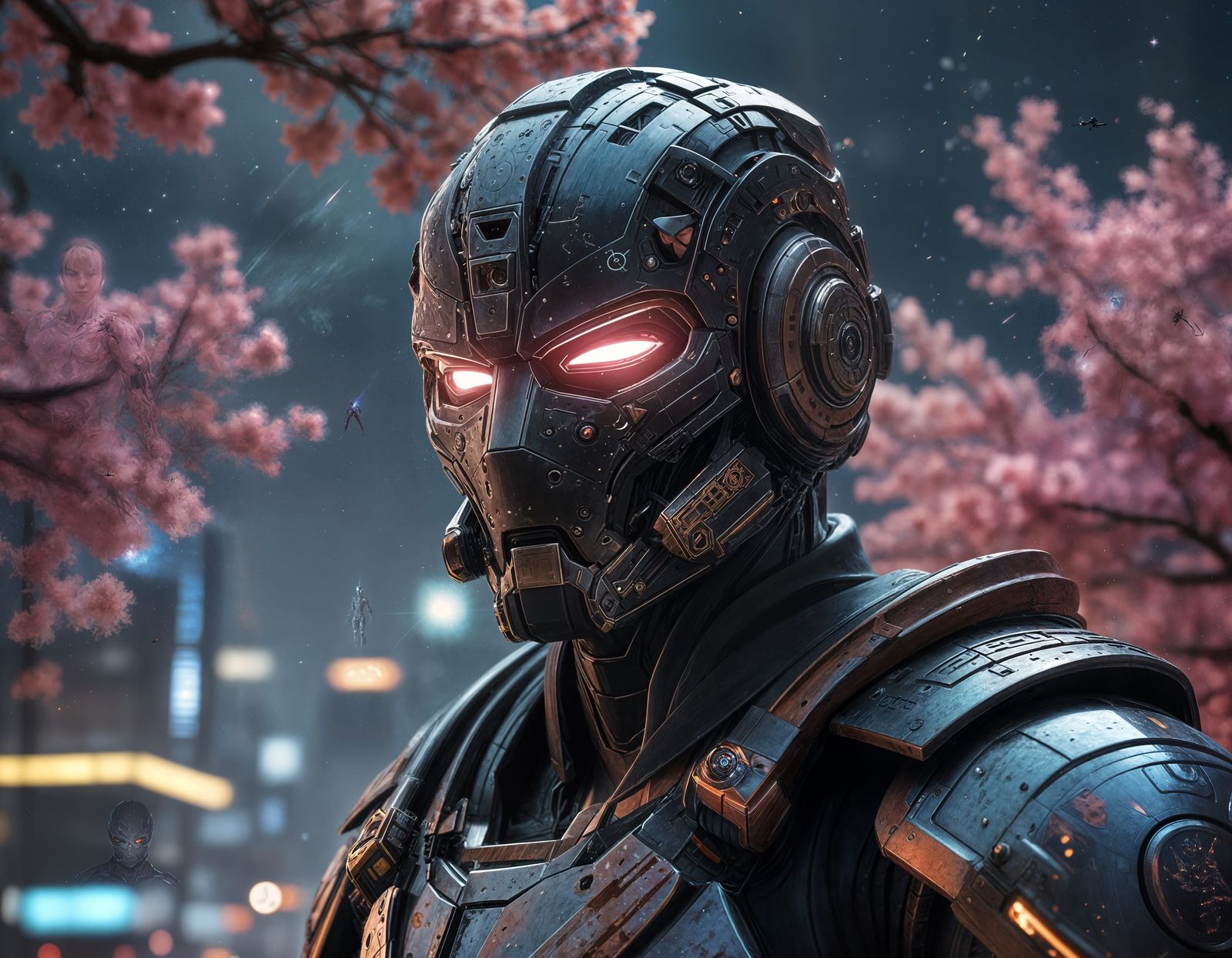 Cyborg Ninja Silhouetted Against Nebula in Anime Style