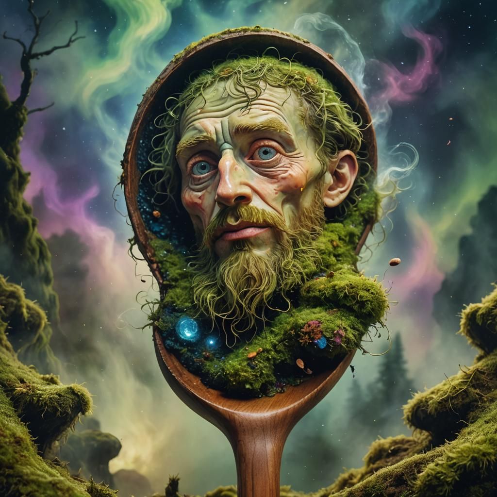 Surreal Fantasy Portrait Suspended on Wooden Spoon