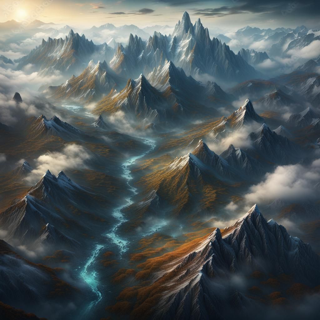Misty Mountains Aerial View in Detailed Matte Painting