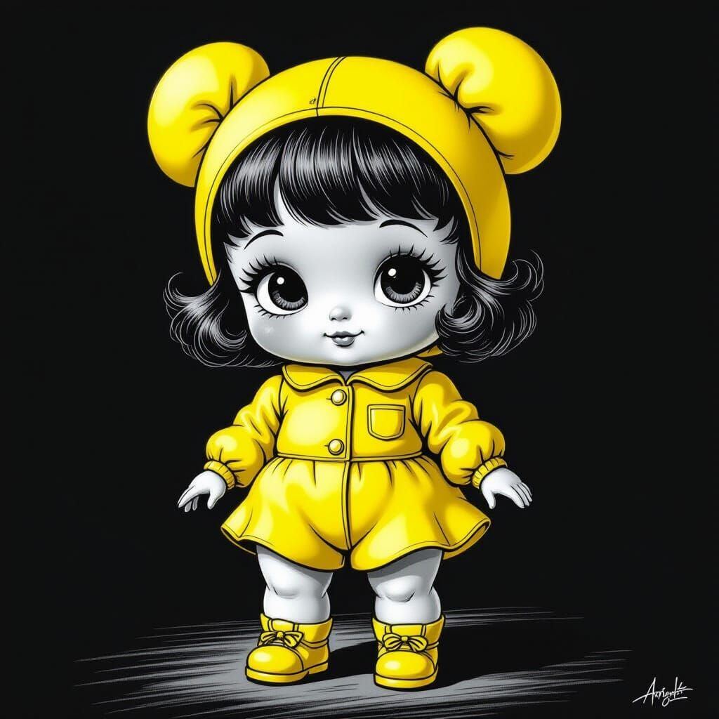 Hyperdetailed Kewpie Doll in Neon Yellow Charcoal Drawing