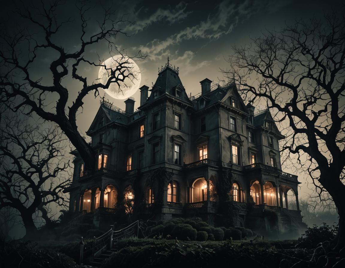 Eerie Mansion Under Moonlight: A Surrealist Horror