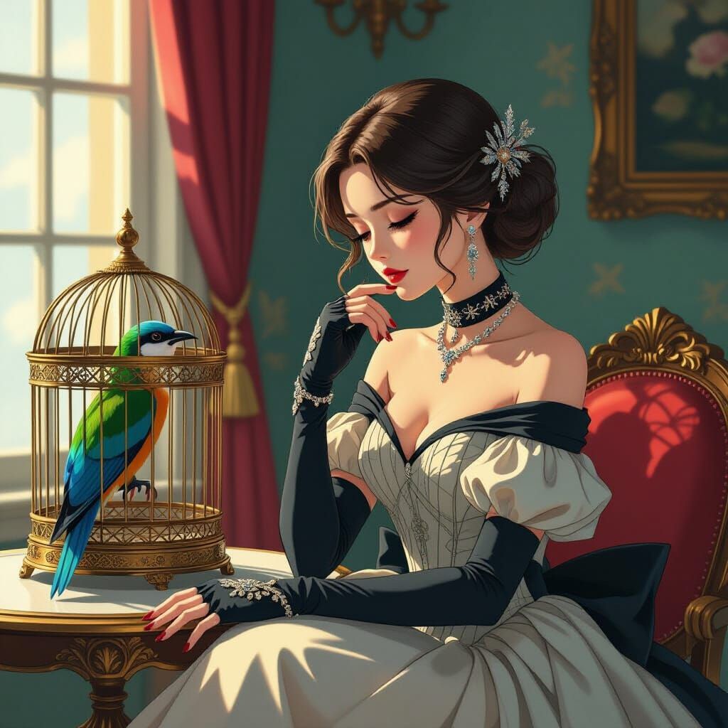 Anime Woman in Avant-Garde Gown Gazes at Exotic Bird