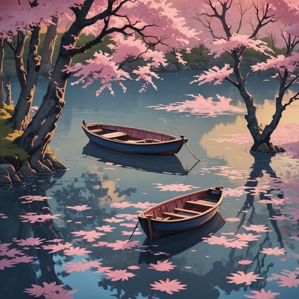 Ukiyo-e River Scene with Pink Tree in Golden Light
