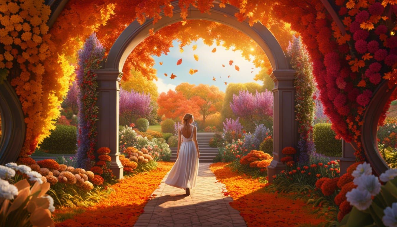 Woman's Journey Between Summer and Autumn Gardens