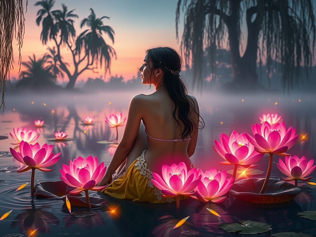 Tranquil Twilight Pond Scene in Ethereal Surrealism Style