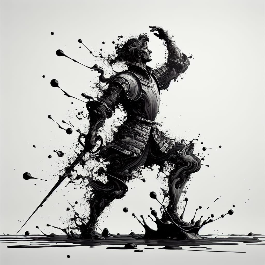 Medieval Warrior in Black Ink Painting
