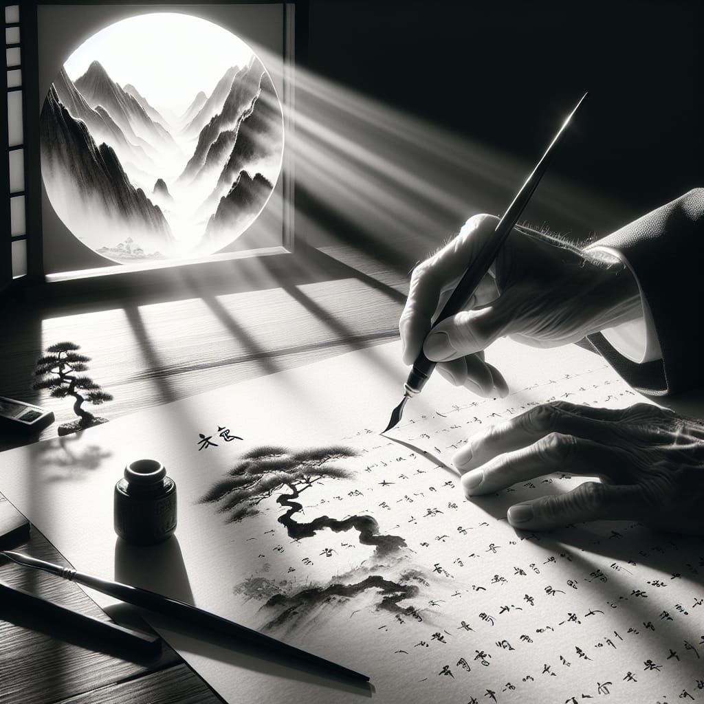 Calligraphy Practice in Tranquil Study with Signature Art