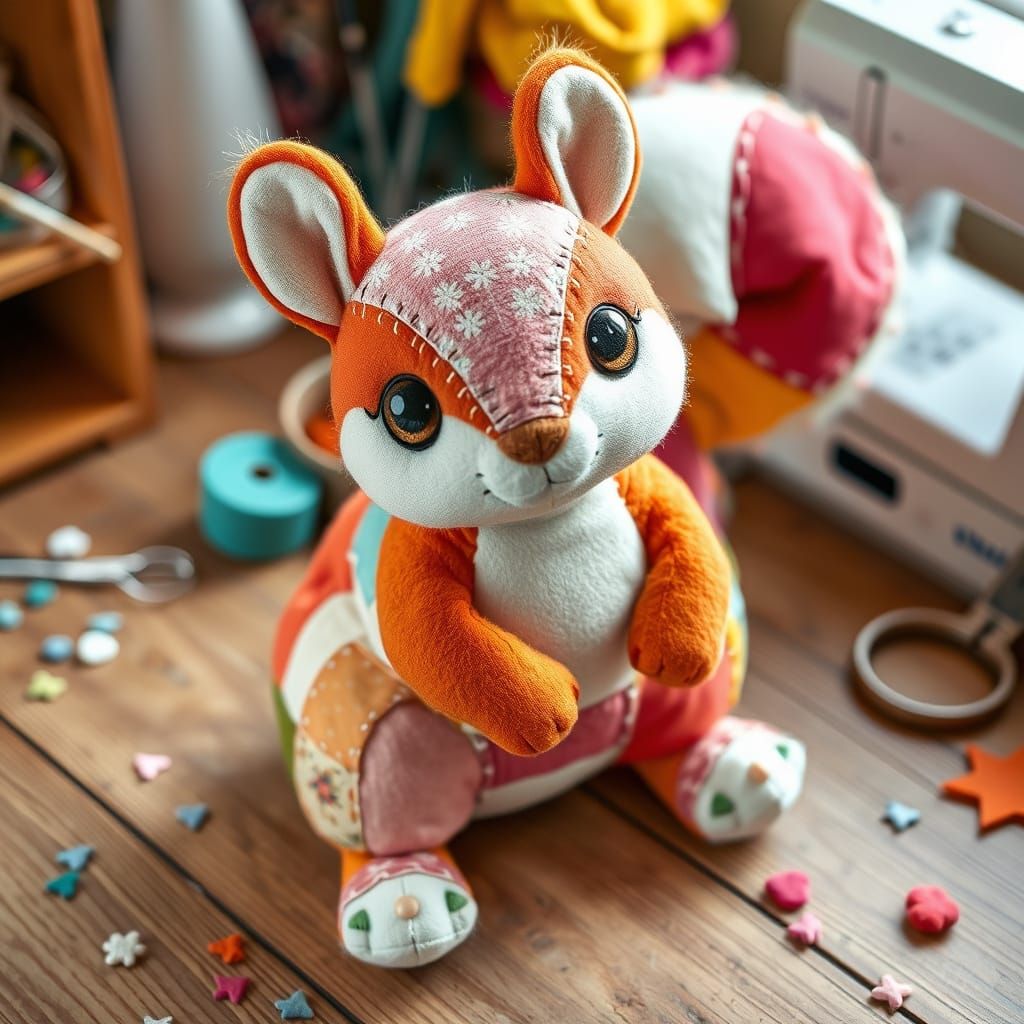 Whimsical Patchwork Squirrel Plush Toy in Vibrant Colors