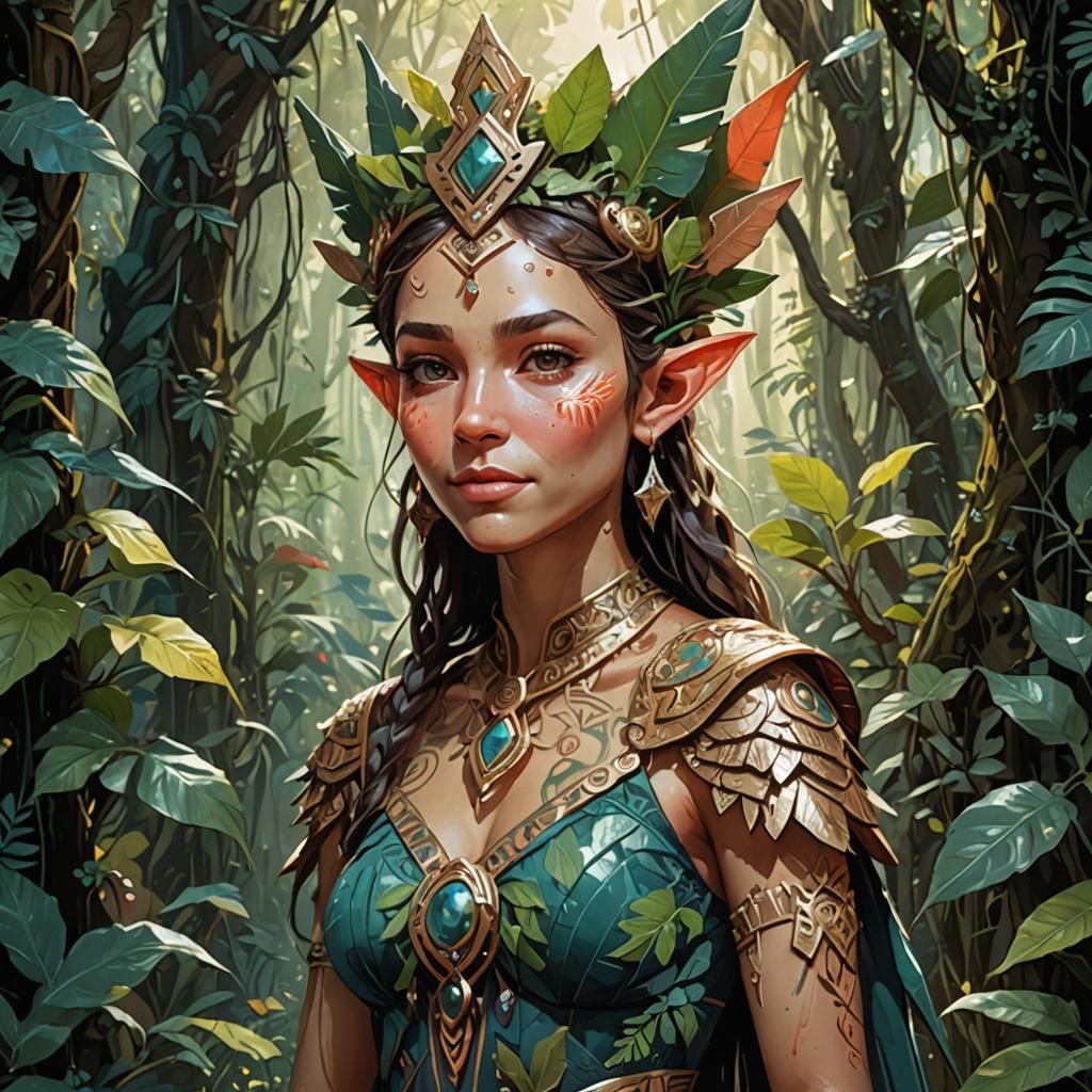 Elegant Elf in Jungle with Fairy, Digital Painting