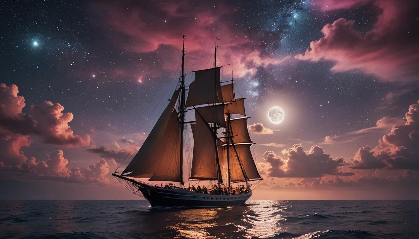 Sailboat Navigating Starry Galaxy at Night