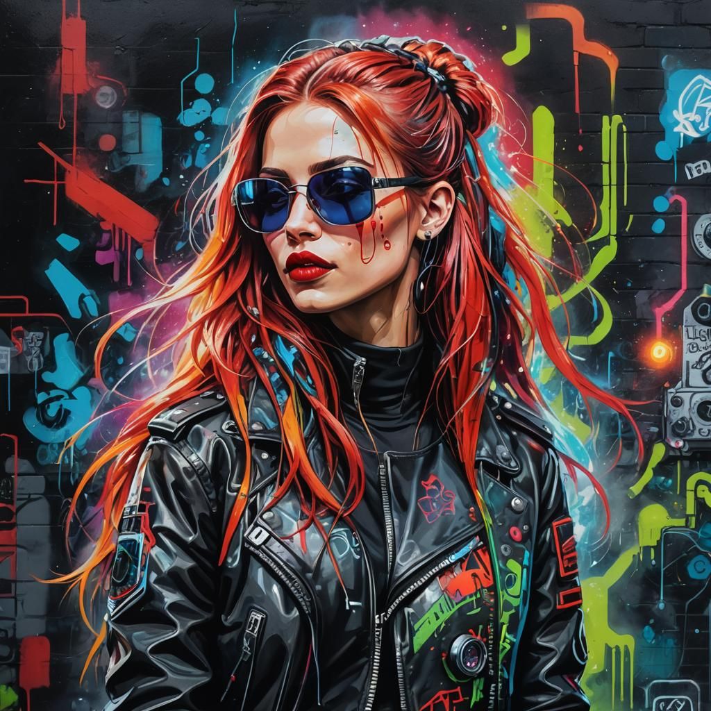 Cyberpunk Girl with Cyberware Smoking in Neon Cityscape