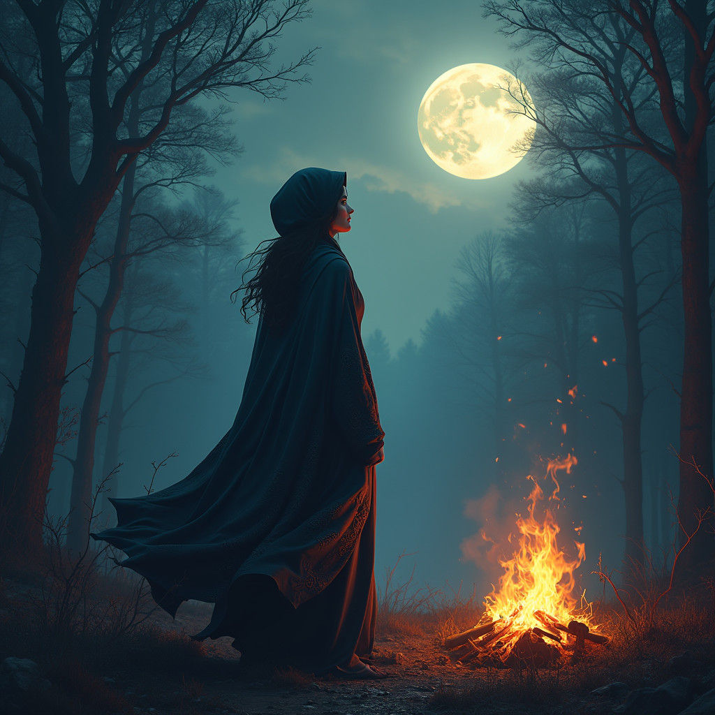 Mystical Forest: Woman Gazing at Moonlit Bonfire