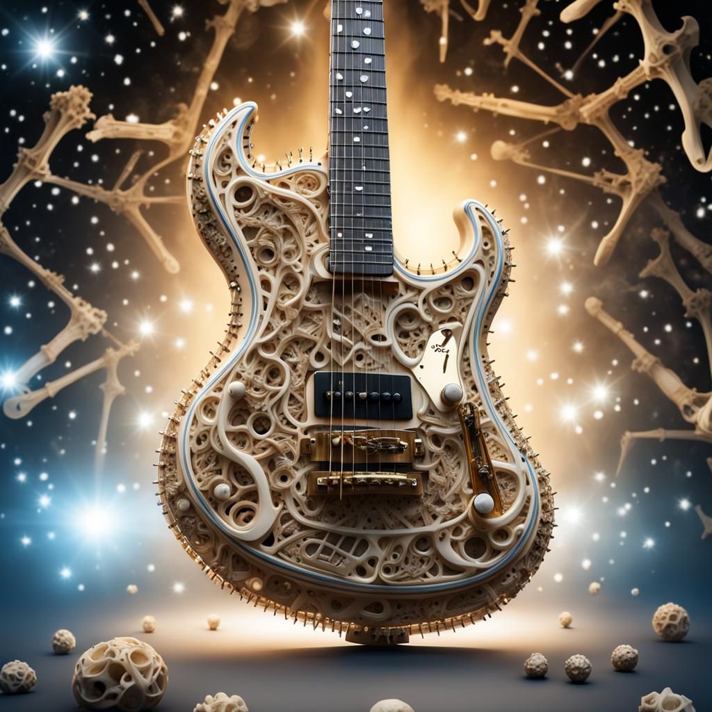 Intricate Bone Guitar Against Nebula Background