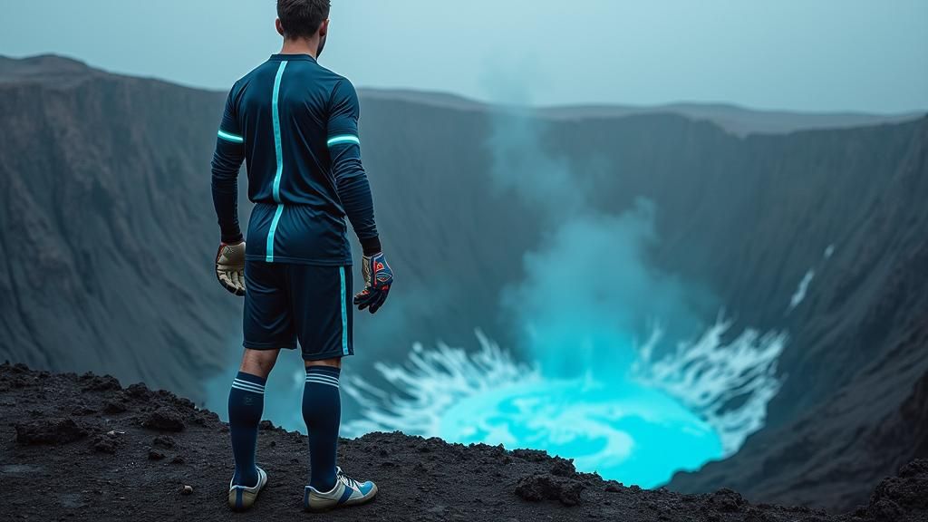 Futuristic Goalie Stands Guard on Volcanic Crater