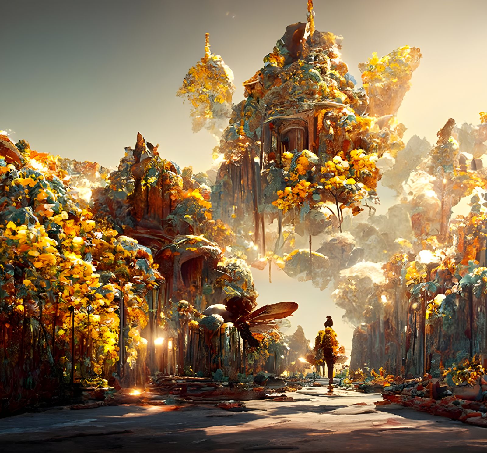 Magical Honeycomb Village Street Scene in Hyperrealism