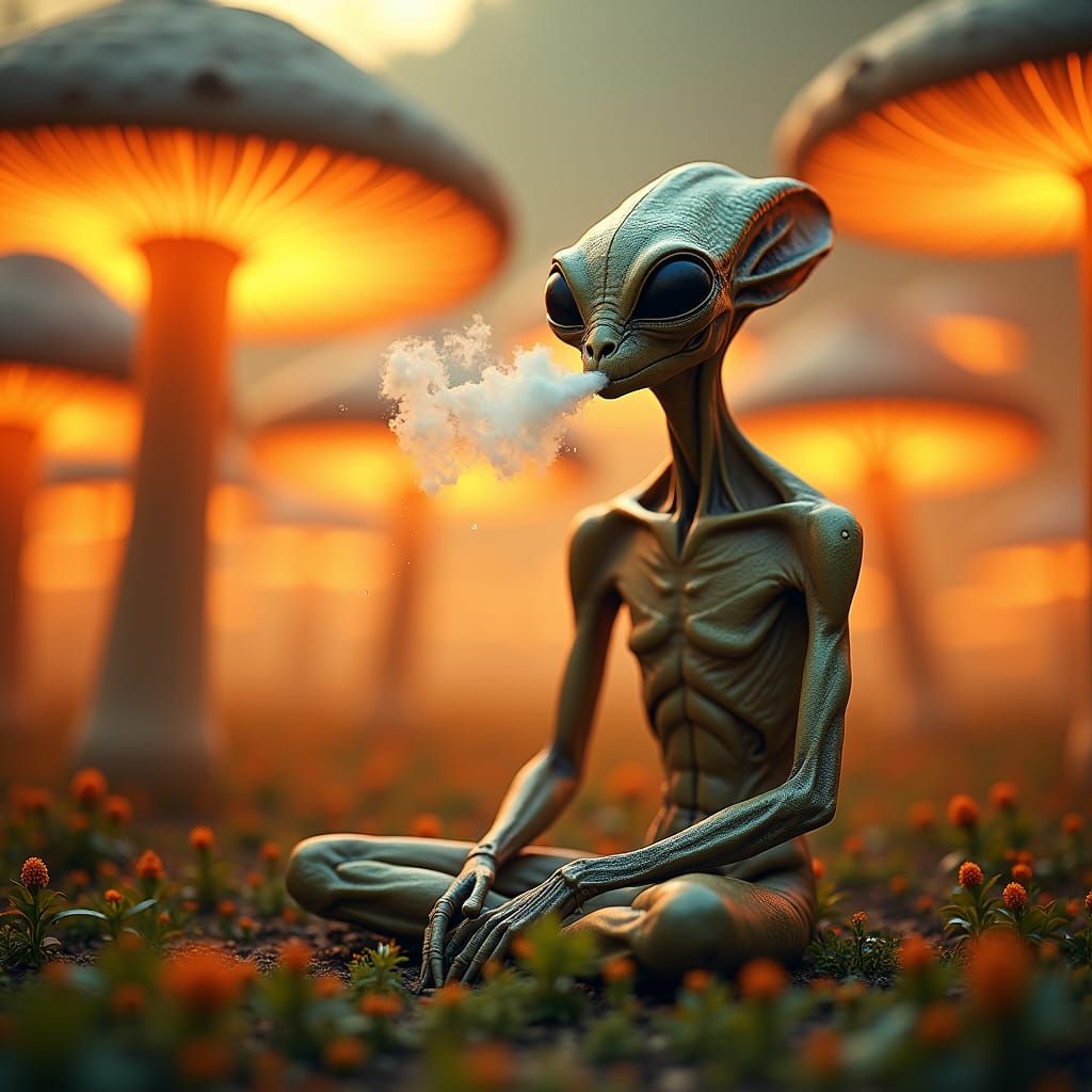 Alien Smoking Cannabis in Psychedelic Mushroom Field