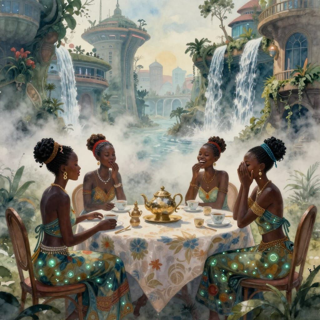 West African Fairies Gossiping in Futuristic Cityscape