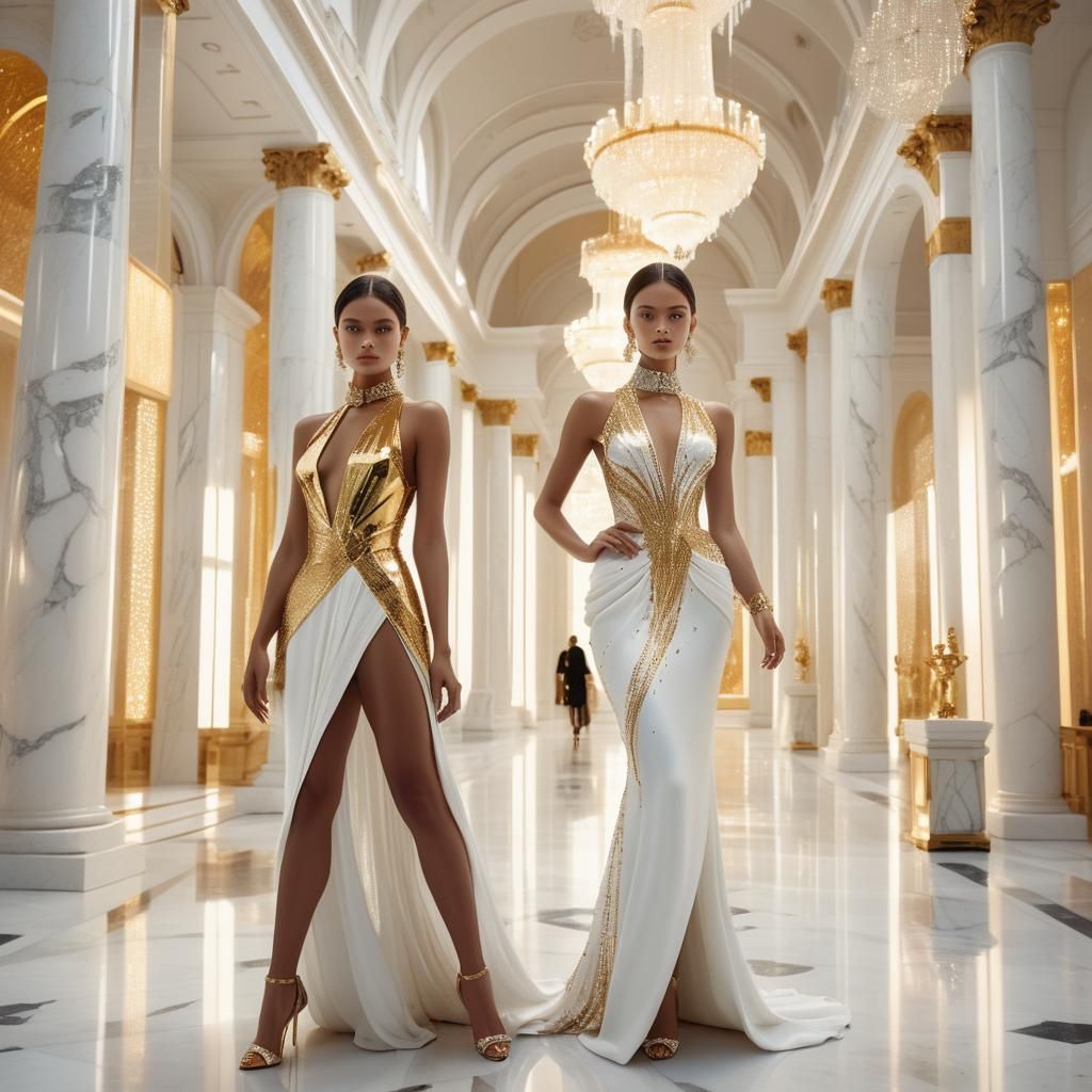 Elegant Woman in Crystal Outfit in Marble Hall