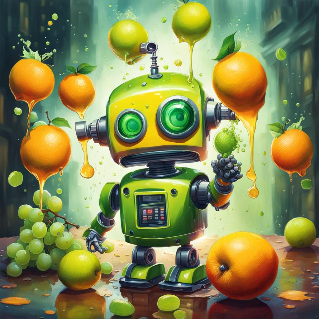 Happy Green Robot Squeezing Green Juice, Graffiti Art