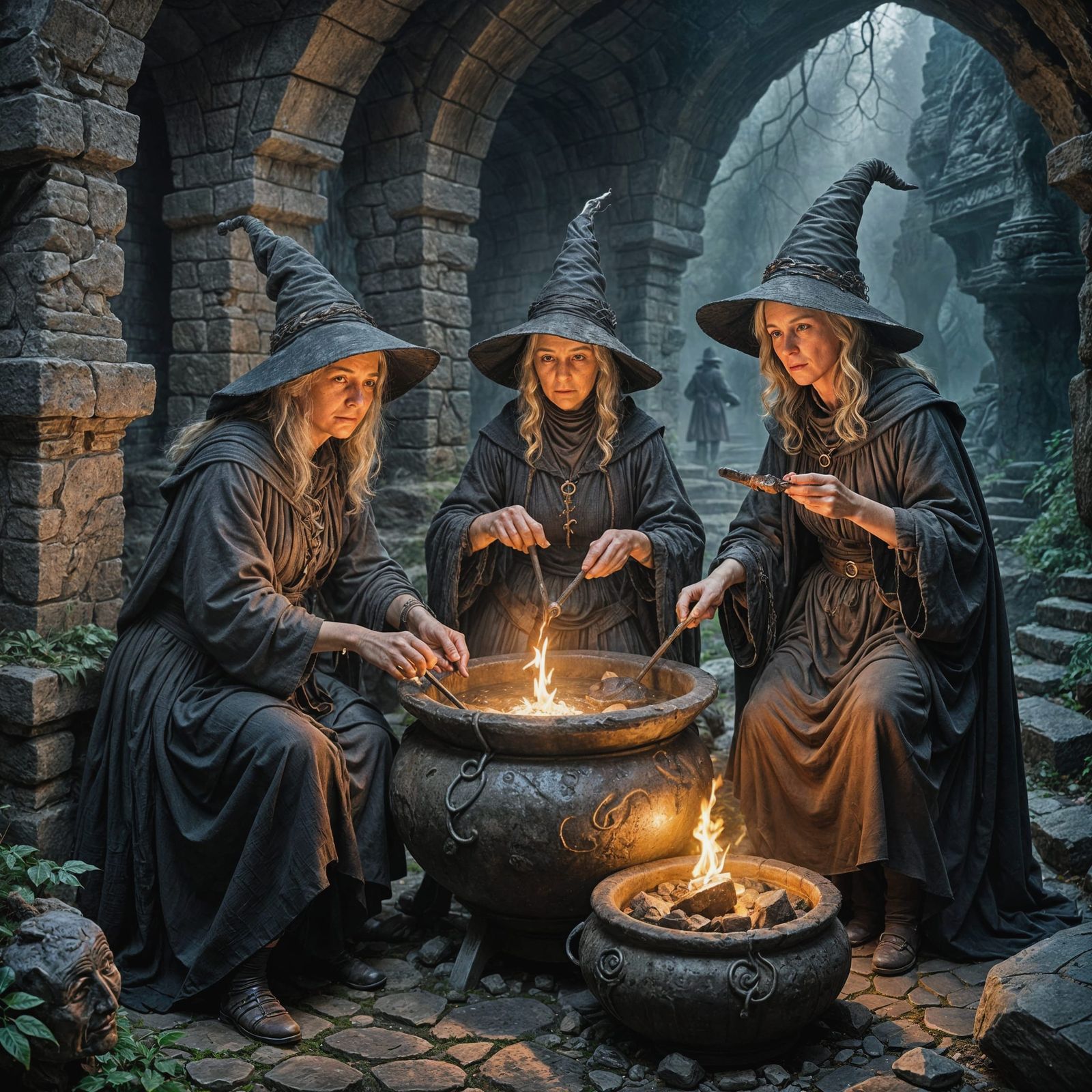 Elderly Witches Conjure in Ancient Cavern