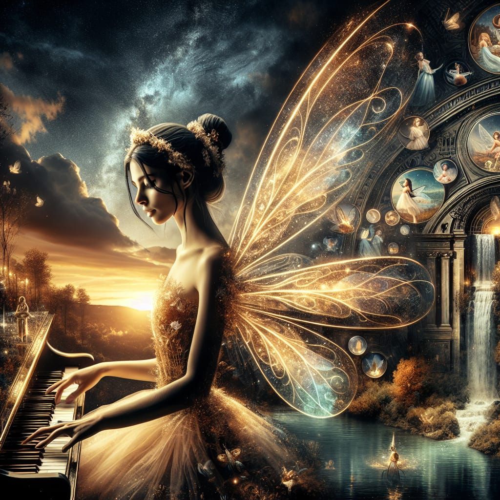 Fairy Pianist in Dreamlike Noir Landscape