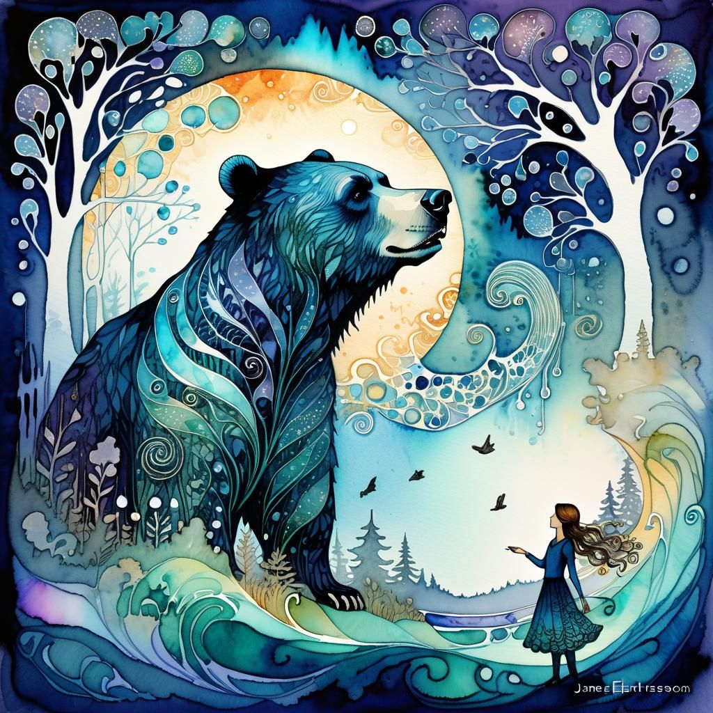 Fairytale Meeting: Girl and Bear in Art Nouveau Style