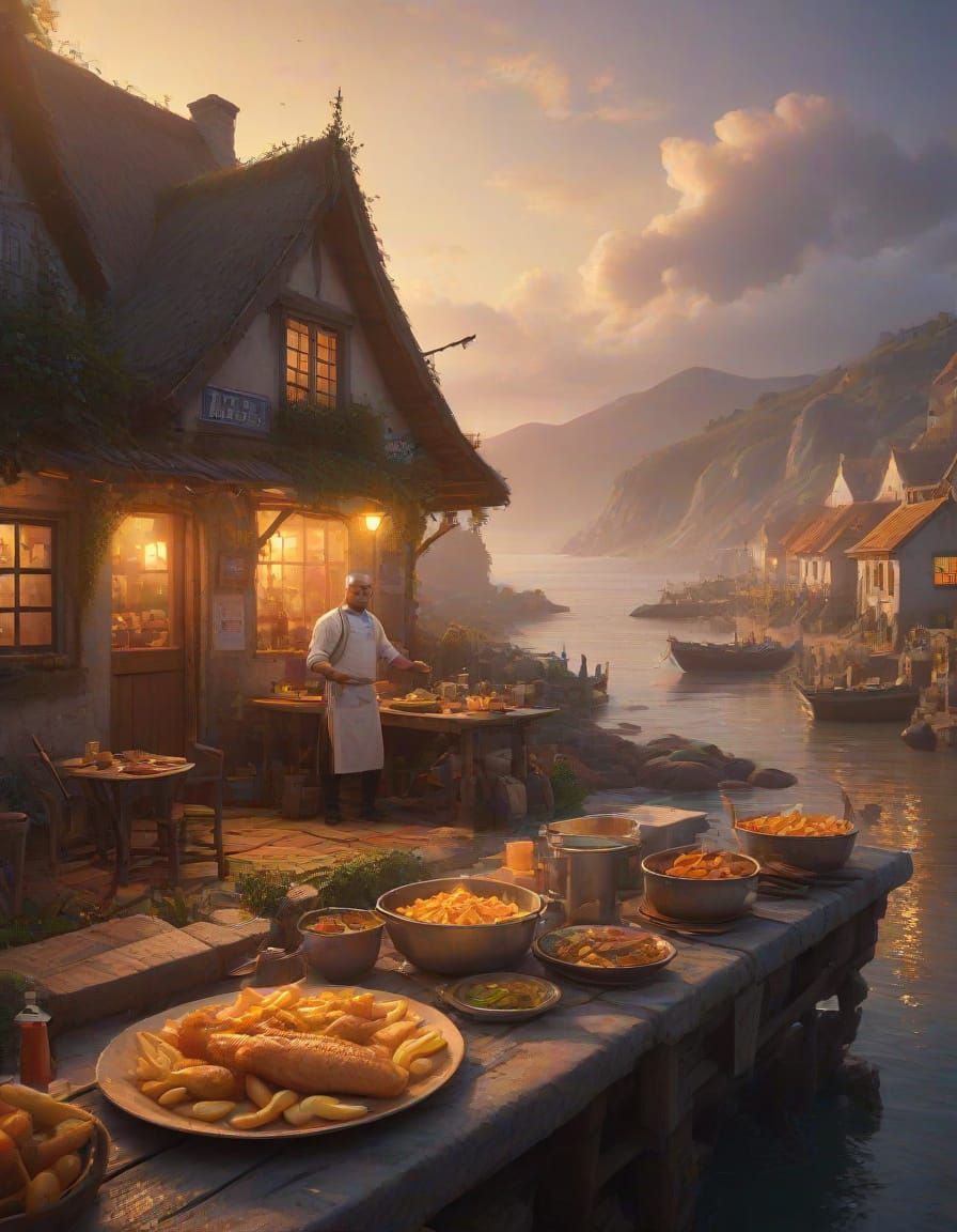 Chef Cooks Fish and Chips: Fantasy Concept Art